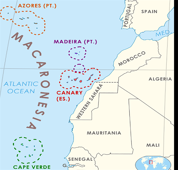 Владения на Португалия и Испания влизат в състава на островния архипелаг Макаронезия.